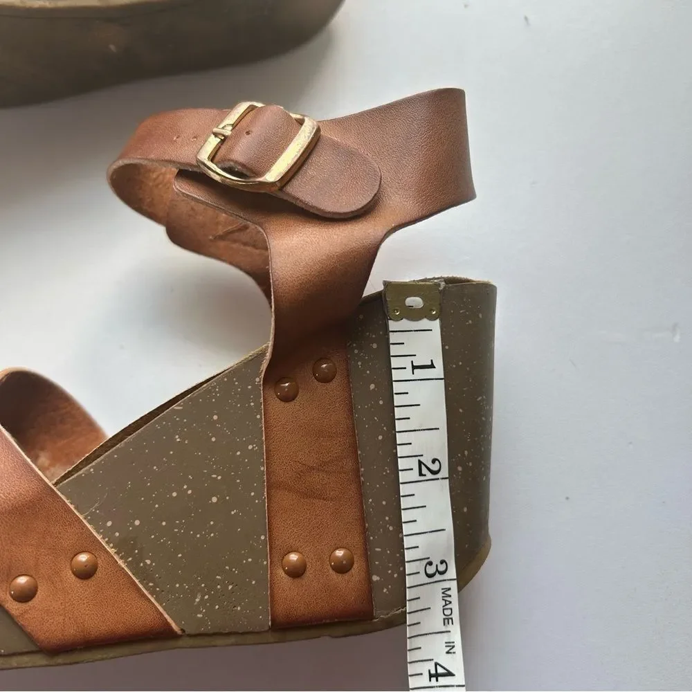 Women's Tan Brown Leather Wedge Sandals